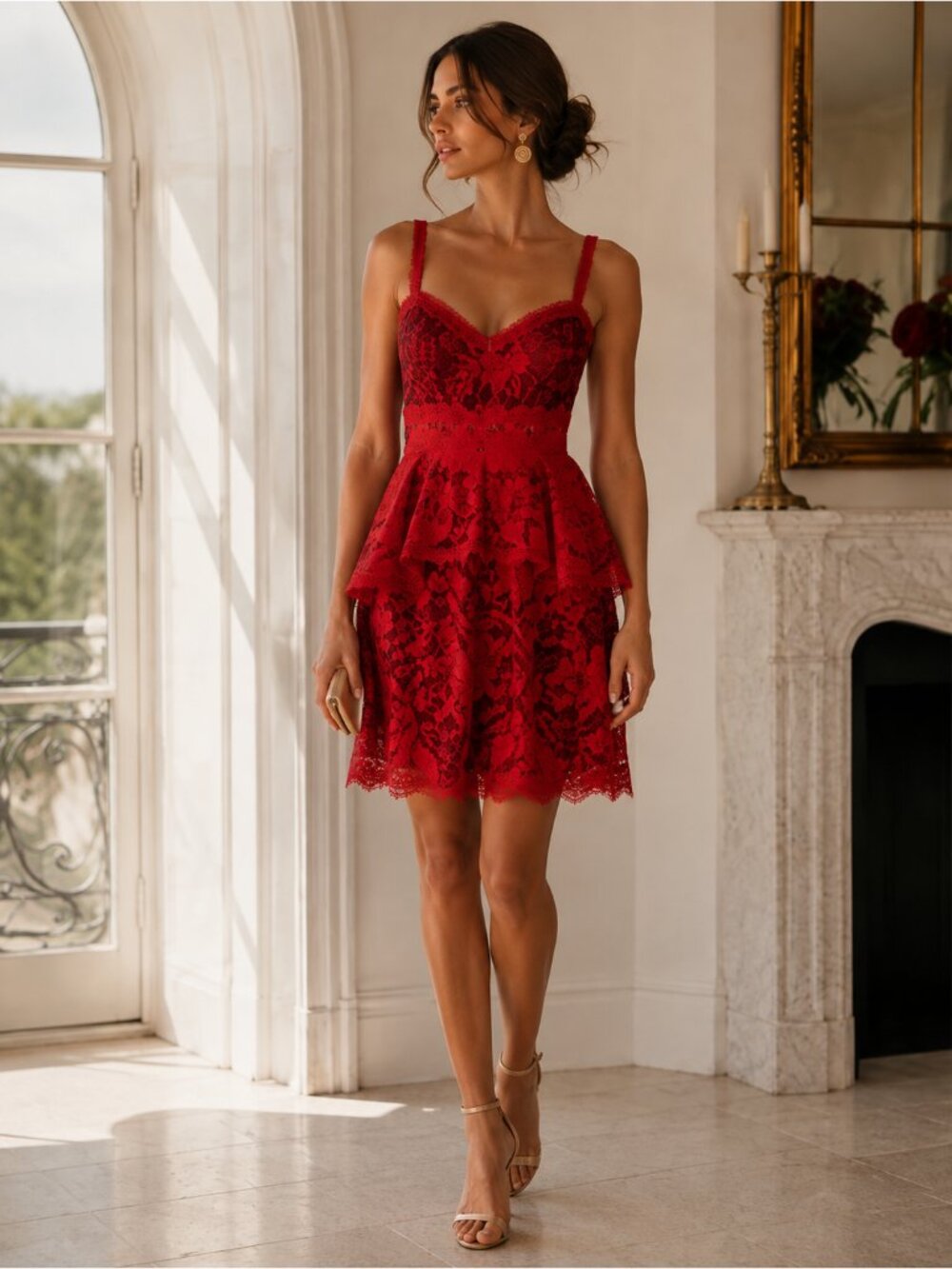 Marchesa Notte Peplum Midi Dress Red Sz 0
